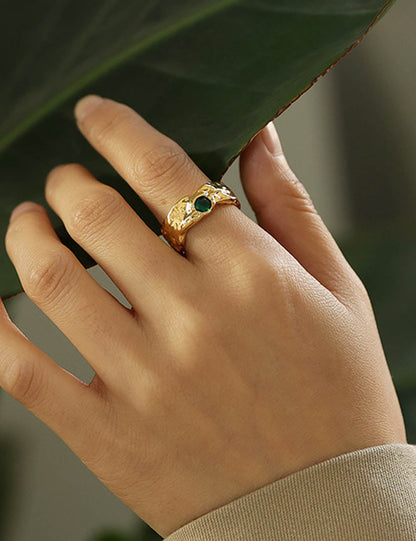 Emerald Zircon Inlaid Gold Plated Open Ring