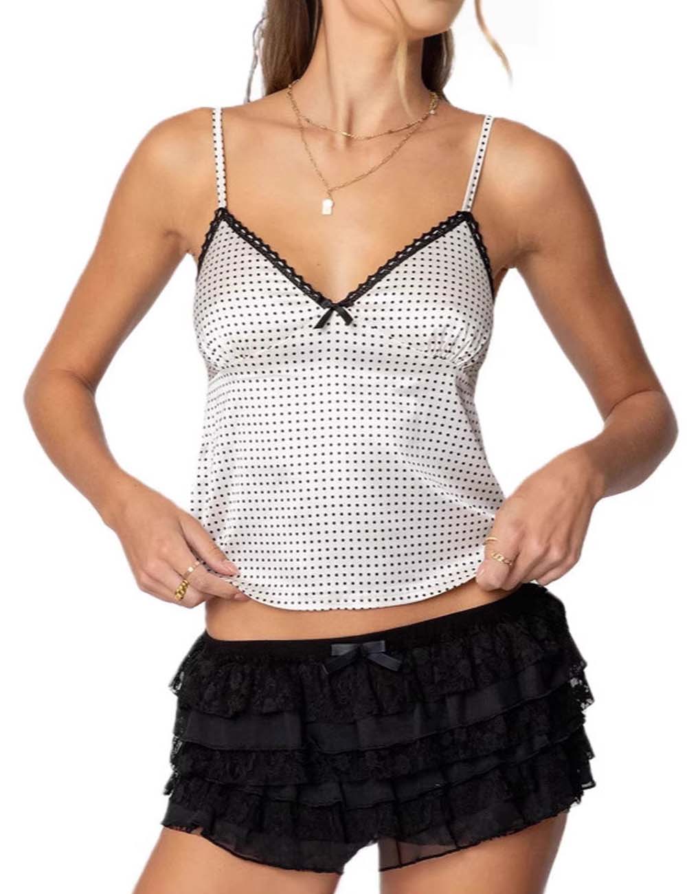 Sexy V-Neck Satin Lace Trim Spaghetti Strap Top