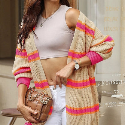 Long Striped Open Front Cardigan Sweater Casual Loose Fit