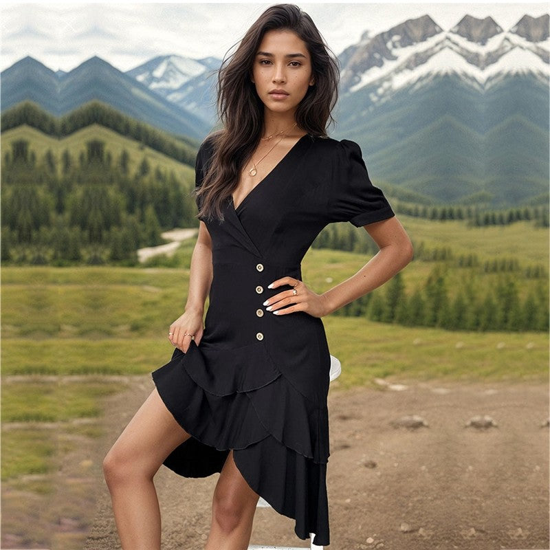 Solid Color Short-Sleeved Sexy V-Neck Irregular Slim Dress