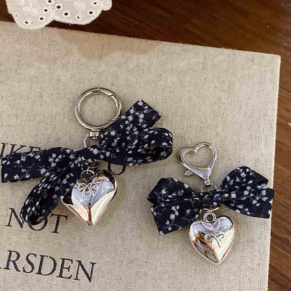 Elegant Floral Print Bow Heart Keychain Charms