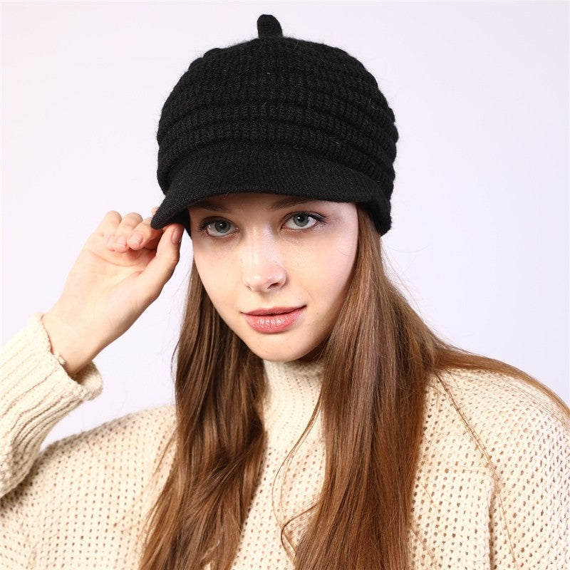Thick Striped Fleece Knit Duckbill Beret
