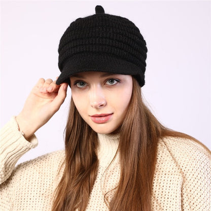 Thick Striped Fleece Knit Duckbill Beret