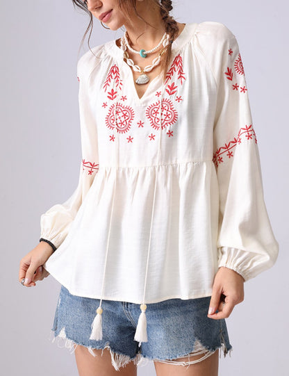 Flower Embroidered V-Neck String Top