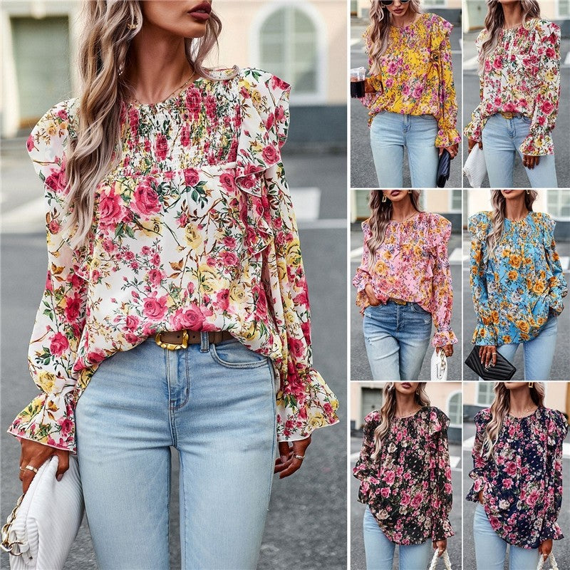 Crewneck Long Sleeves Floral Printed Casual Loose Blouse Top