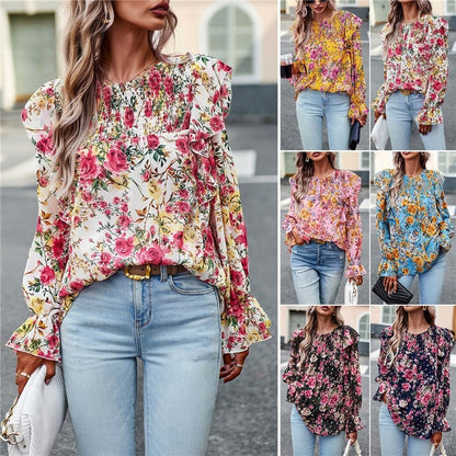 Crewneck Long Sleeves Floral Printed Casual Loose Blouse Top