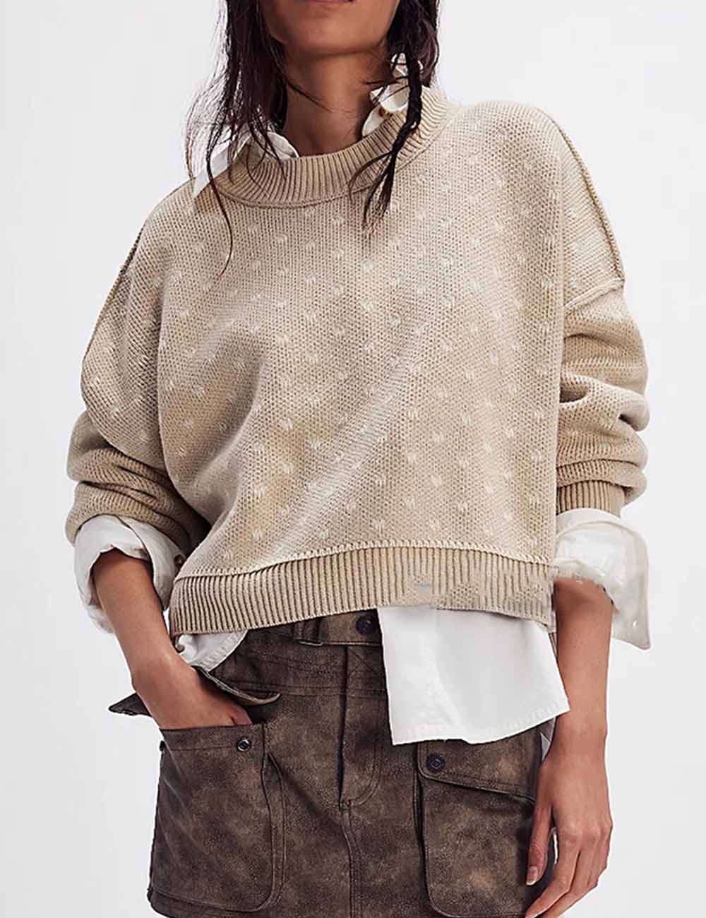 Trendy Round Neck Butterfly Jacquard Cropped Sweater