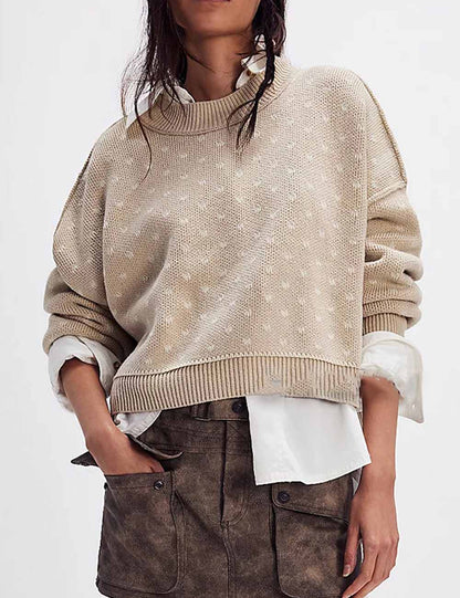 Trendy Round Neck Butterfly Jacquard Cropped Sweater
