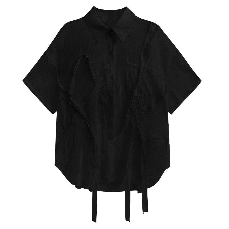 Solid Color Short Sleeve Shirt Collar See-Through Thin Casual Loose Blouse