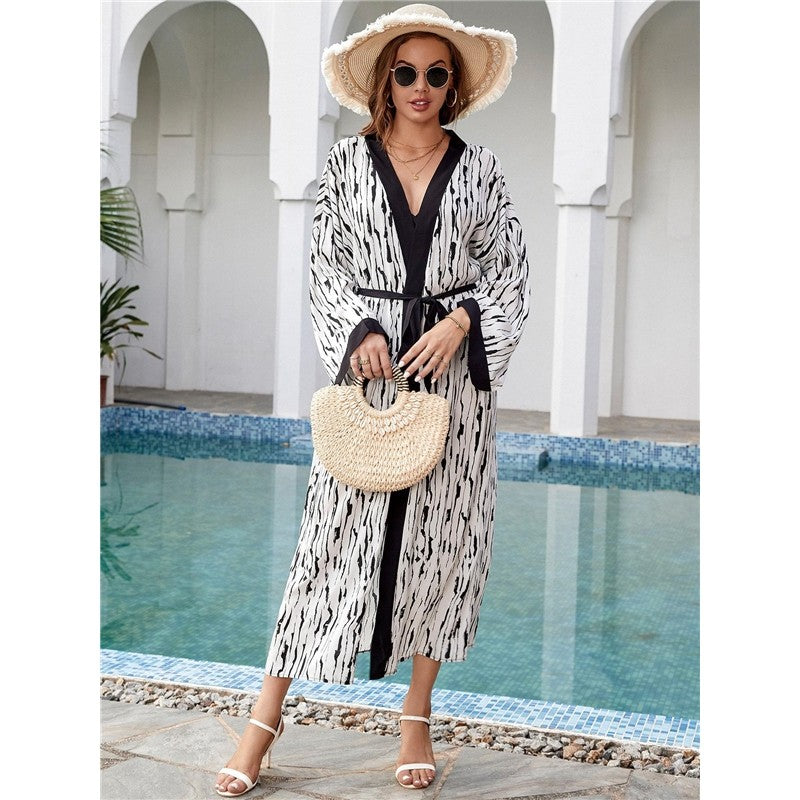 Contrast Color Printing Long Sleeve Belted Casual Loose Long Beach Cardigan Bikini Cover-Up