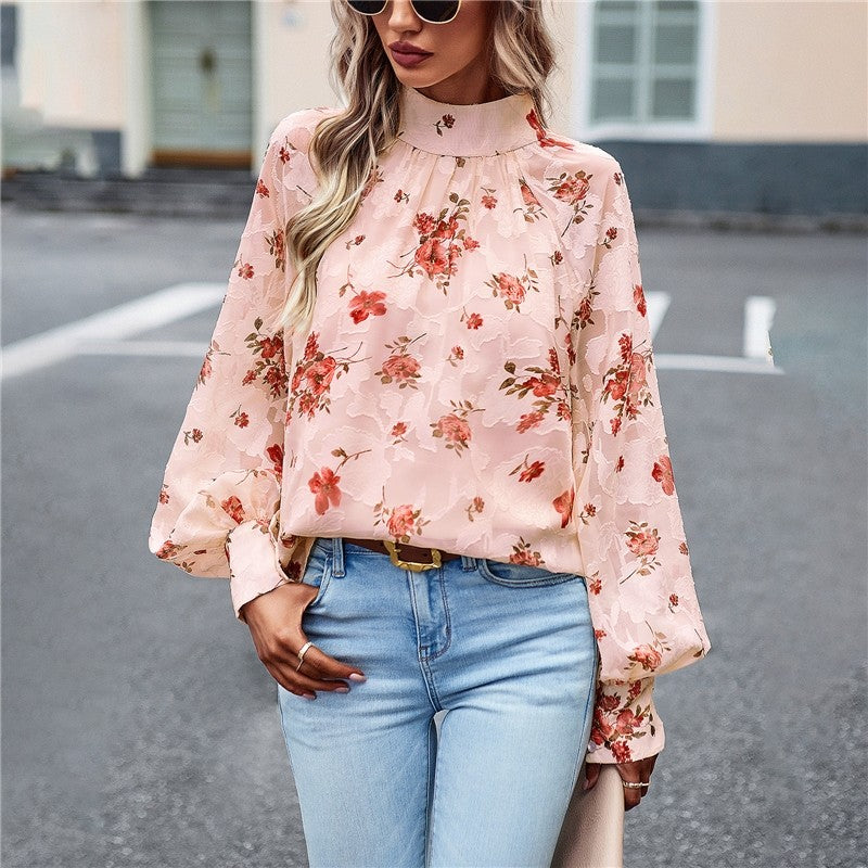 Long Sleeves Half Turtleneck Bandage Floral Printed Blouse
