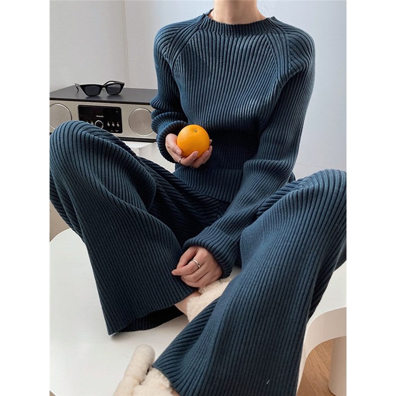 Pure Color Sweater Casual Suit