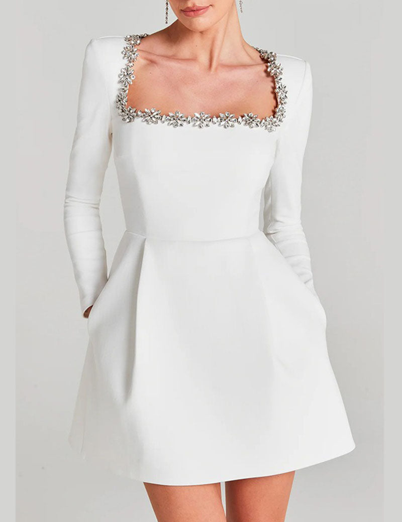 Elegant Velvet Rhinestone Trim Mini Dress