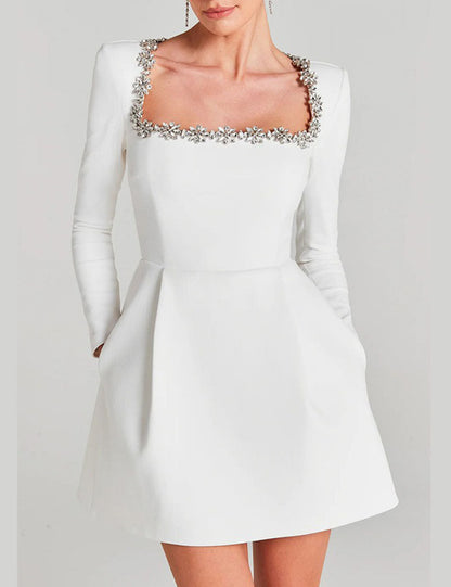 Elegant Velvet Rhinestone Trim Mini Dress