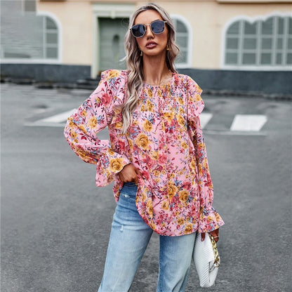 Crewneck Long Sleeves Floral Printed Casual Loose Blouse Top