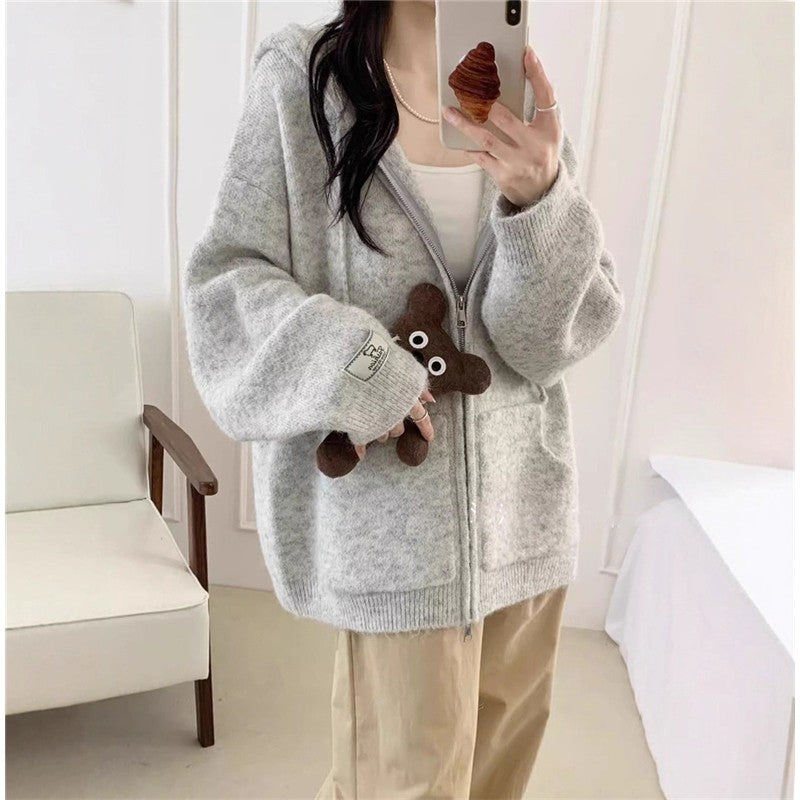 Hooded Zip-Front Knit Cardigan Women's Thickened Loose Fit Sweater