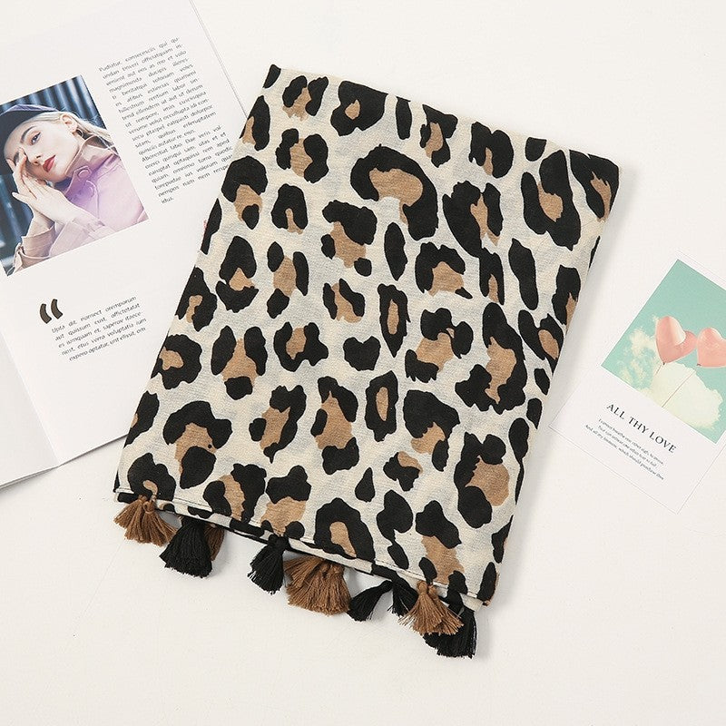 Fashion Colorblock Fringe Leopard Print Cotton Linen Scarf
