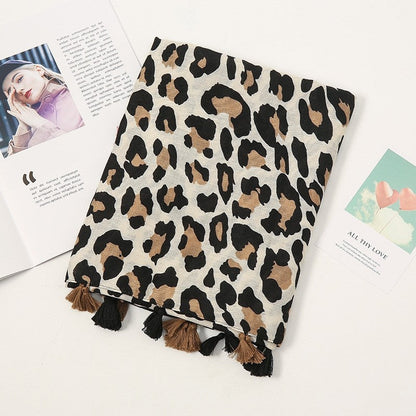 Fashion Colorblock Fringe Leopard Print Cotton Linen Scarf