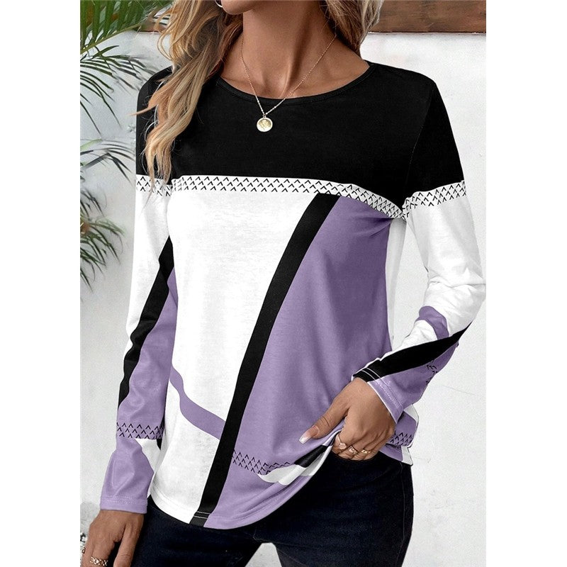 Round Neck Contrast Patchwork Geometric Print T-Shirt