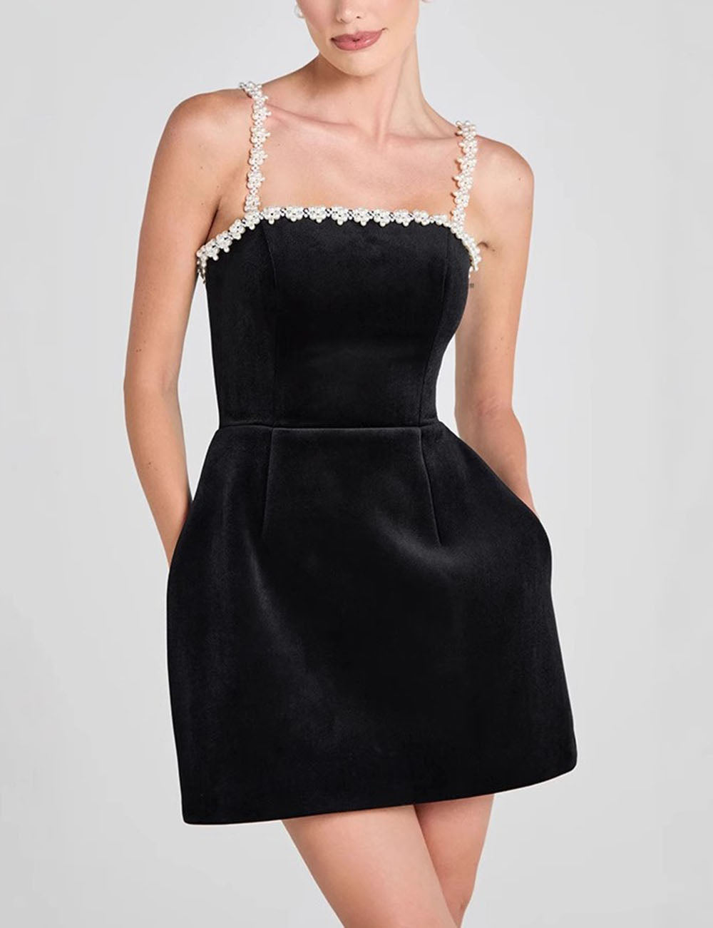 Pearl Spaghetti Velvet A-Line Mini Dress