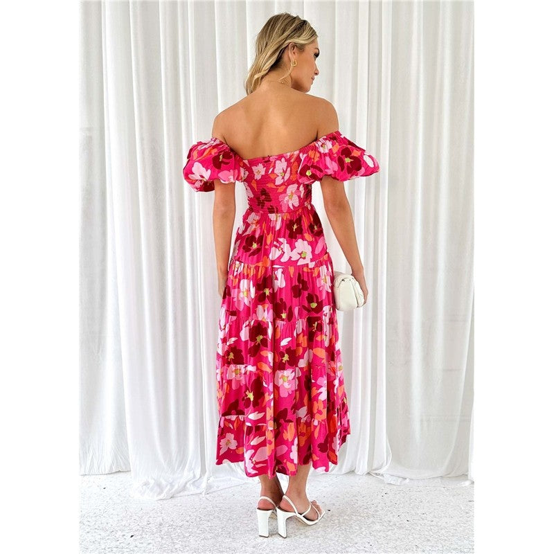 Boat Neck Short Sleeve Elastic Waist A-Line Long Dress