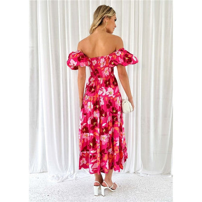 Boat Neck Short Sleeve Elastic Waist A-Line Long Dress