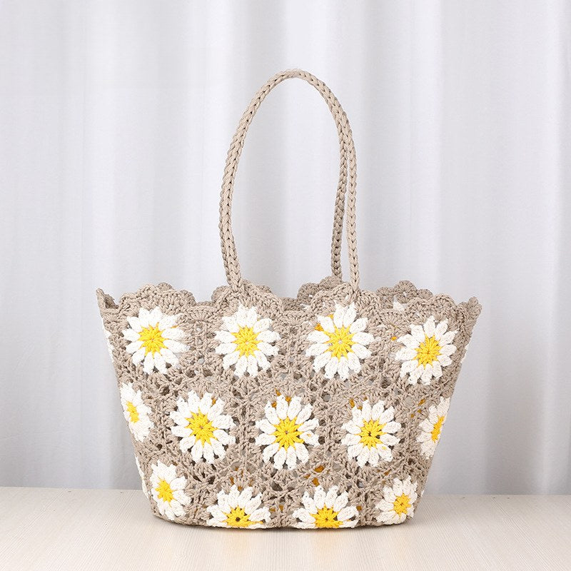 Hollow Out Flower Woven Shoulder Tote Bag