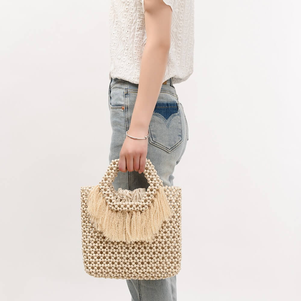 Casual Fringe Handmade Wooden Bead Bag