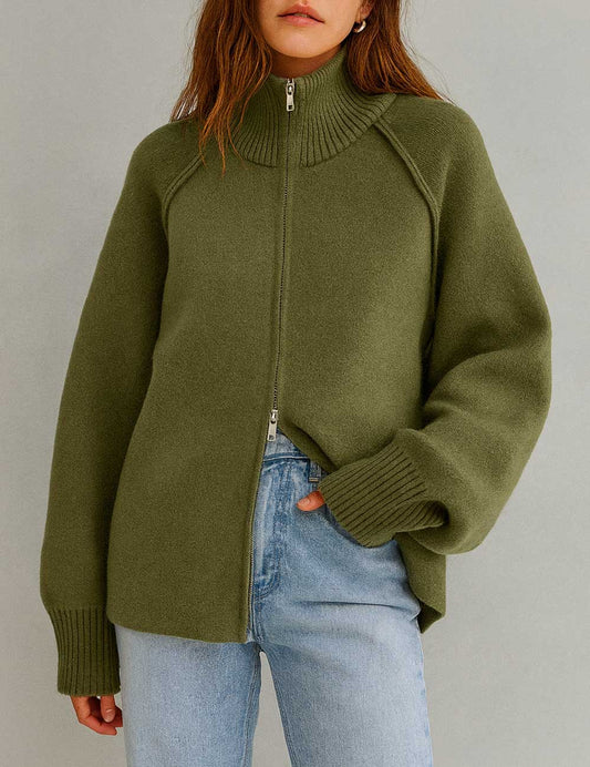 Solid Color High Neck Zip-Up Knit Cardigan