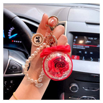Bow Pearl Chain Keychain With Preserved Flower