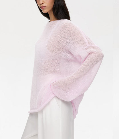 Solid Color See Through Flare Sleeves Knit Top