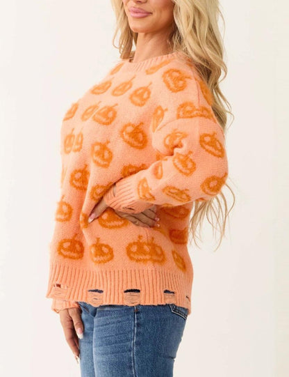 Halloween Pumpkin Ribbed Pullover Sweater
