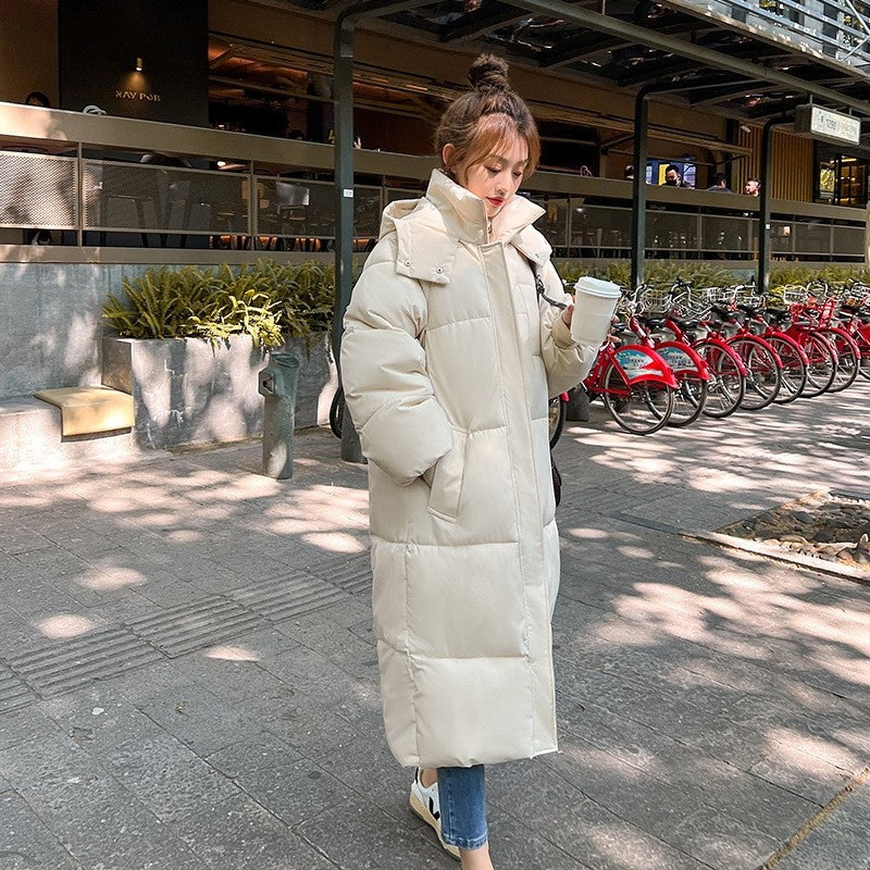Solid Color Hooded Thickened Down Cotton Long Loose Coat