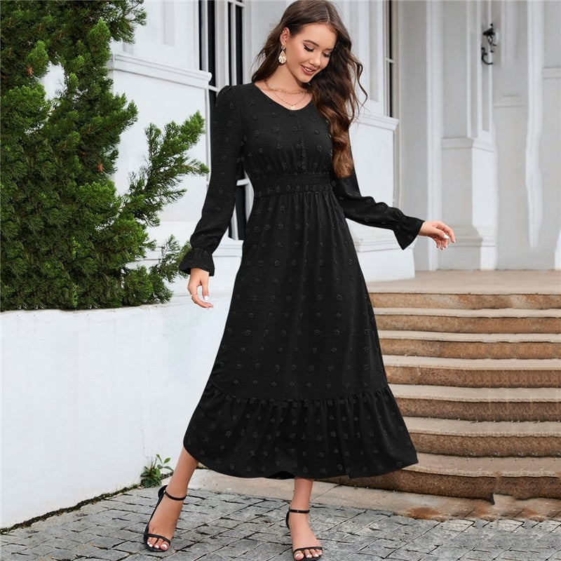 Ladies V Neck Long Sleeve Dress Jacquard Waist Neck Dress