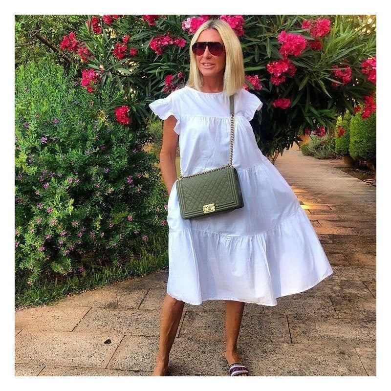 Solid Color Loose Pleated Short Sleeve Dress