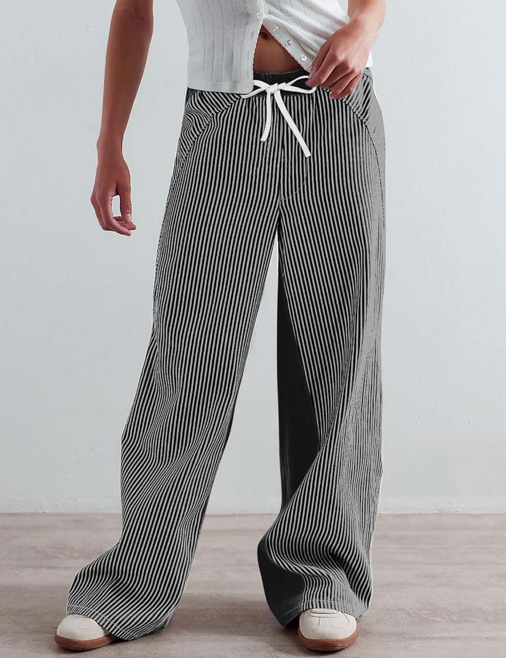 Simple Striped Color Block Wide Leg Pants
