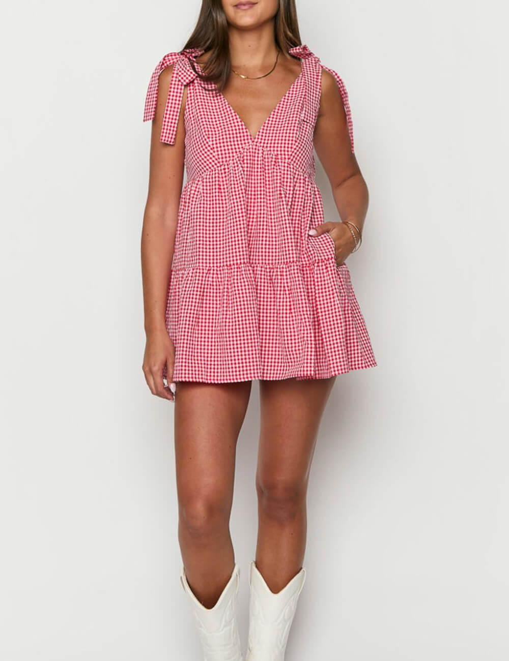 Casual Plaid Tie-Strap V-Neck Mini Dress
