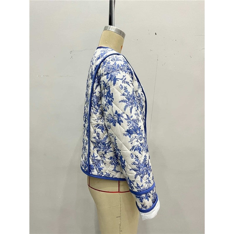 V-Neck Retro Print Cotton Jacket
