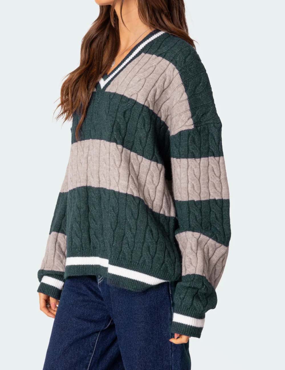 Color Block Striped V-Neck Oversized Sweater
