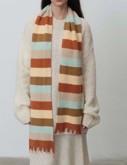 Striped Cozy Color Block Fringed Winter Scarf