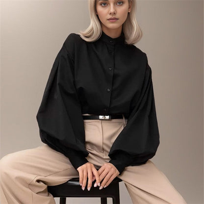 Solid Color Lapel Single Breasted Lantern Sleeves Blouse