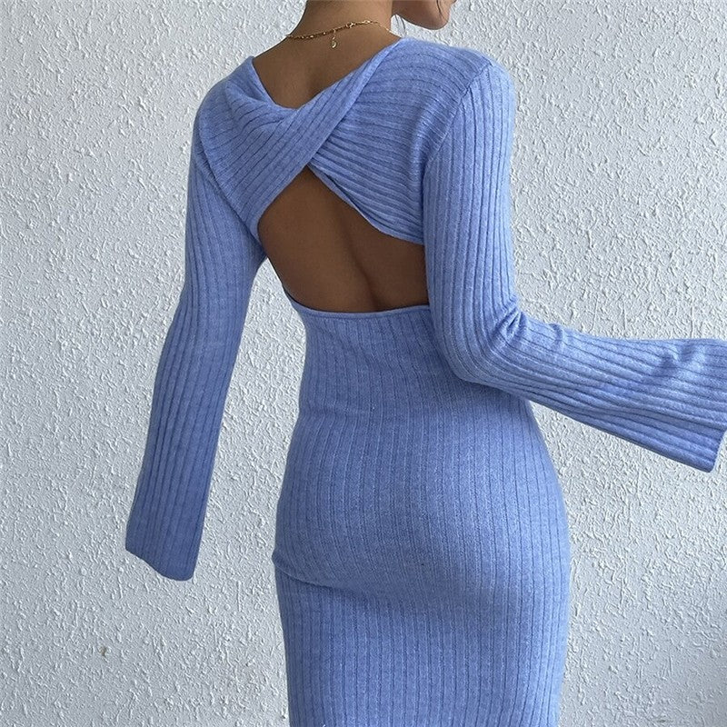 Sexy Backless Solid Color Flared Sleeve Fur Dress