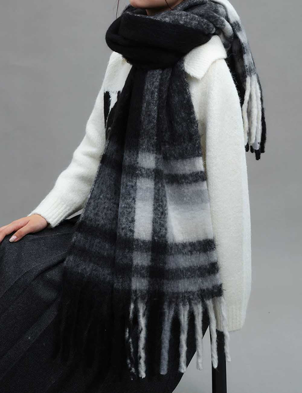 Checkered Wool Blend Long Shawl Winter Scarf