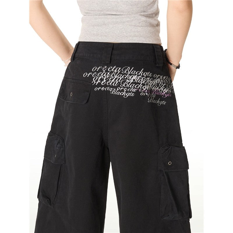 Multi Pocket Cargo Pants Letter Print Straight Leg