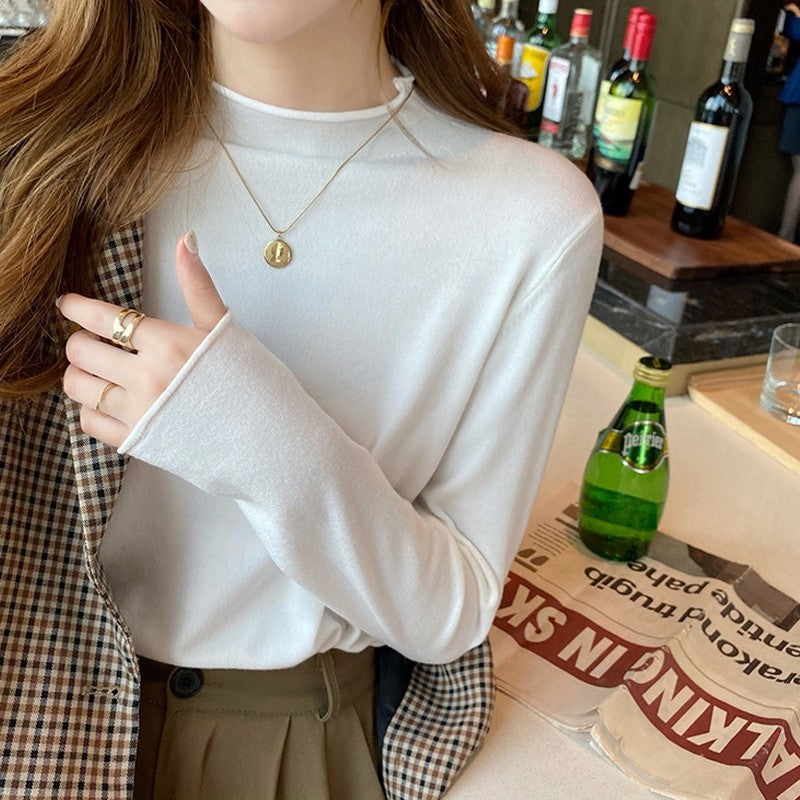 Solid Color Long Sleeve Half Turtleneck Thin Base Knitted Sweater