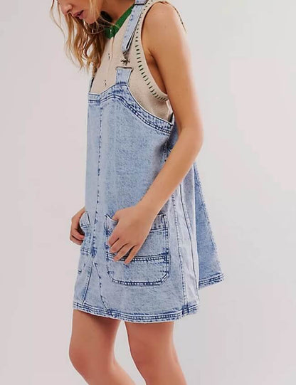 Washed Pockets Denim Mini Overalls Dress