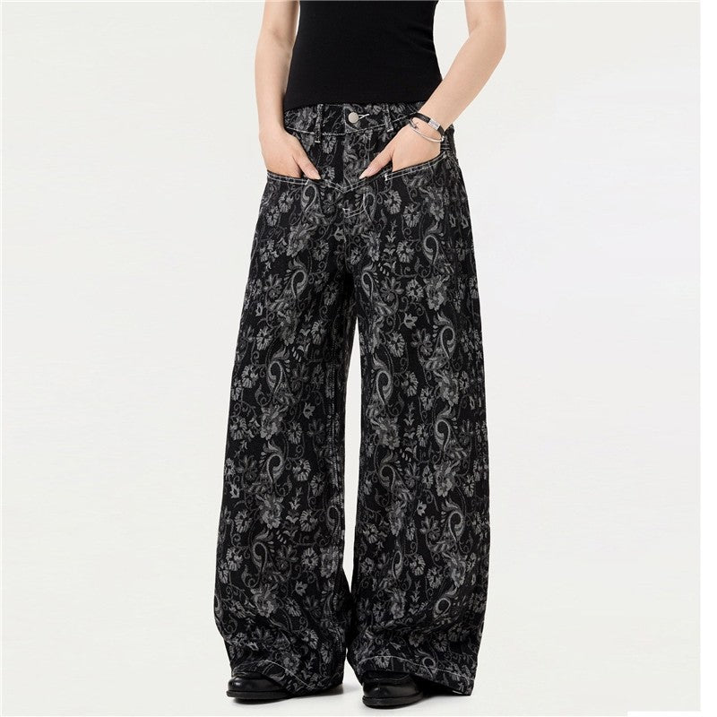 Vintage Pattern Print Loose Wide Leg Jeans