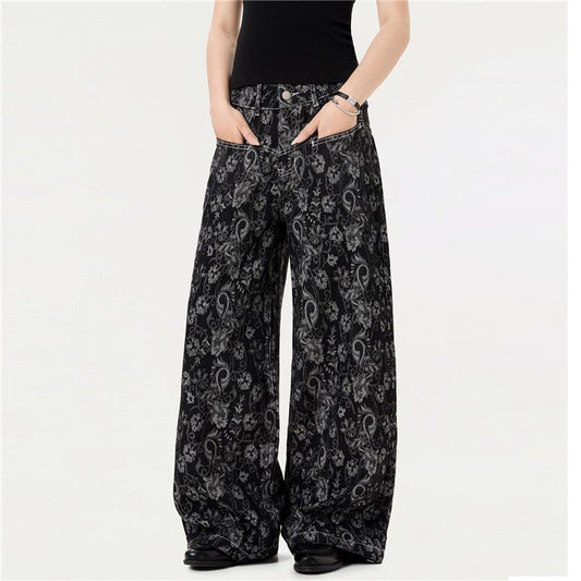 Vintage Pattern Print Loose Wide Leg Jeans