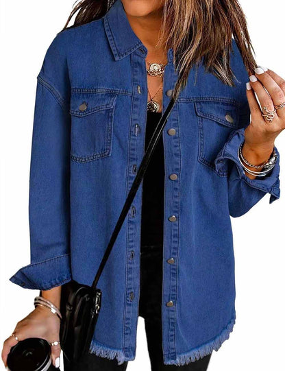 Trendy Washed Long Sleeve Frayed Hem Jacket