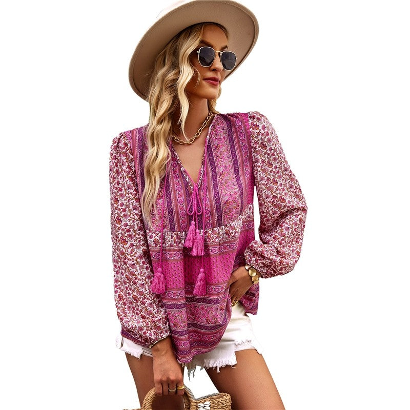 Long Sleeves V-Neck Printing Boho Blouse Top